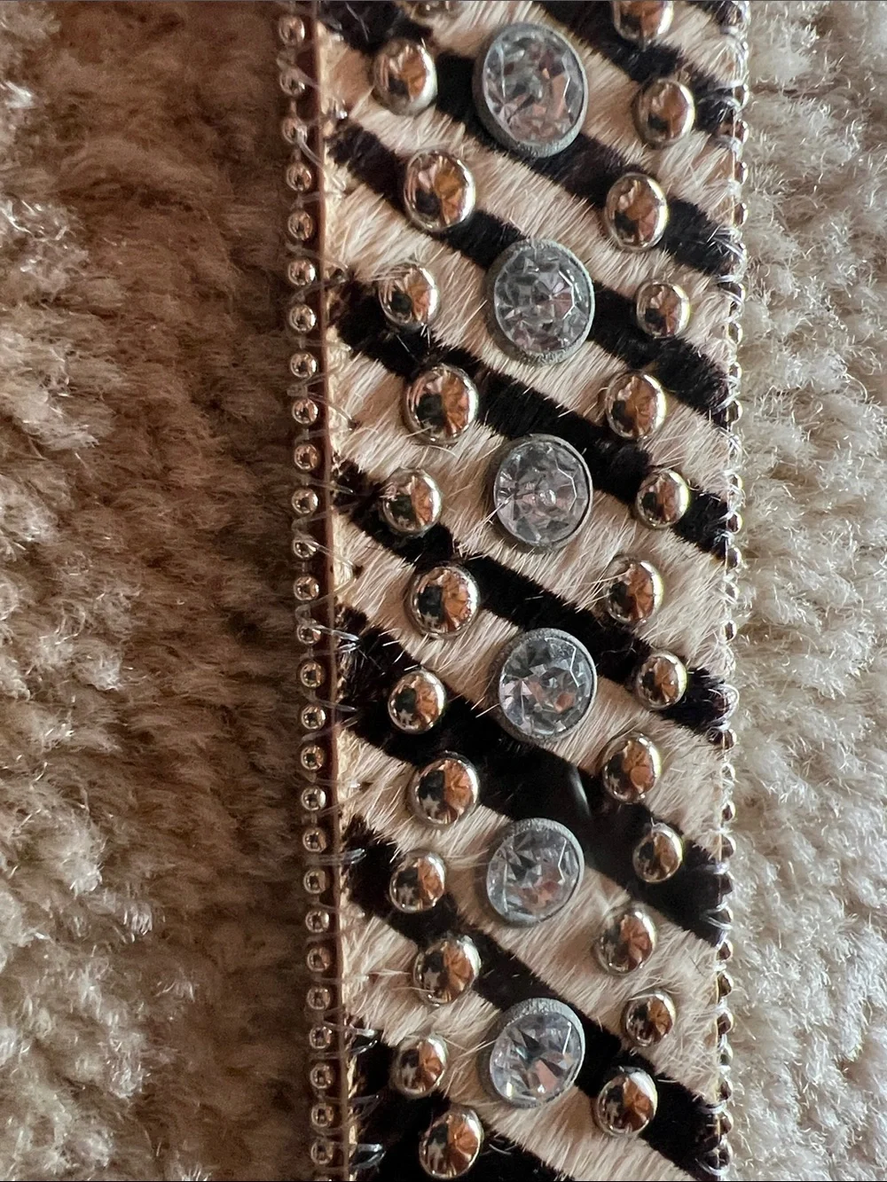 Stony Mound Black and White Zebra Haircalf Crystal-Studded Belt